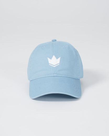 Kingz Kore Dad Hat Baby Blue - Front View White Crown Logo Centered Curved Brim Soft Cotton Casual Fit BJJ Training Apparel [color:Baby Blue]