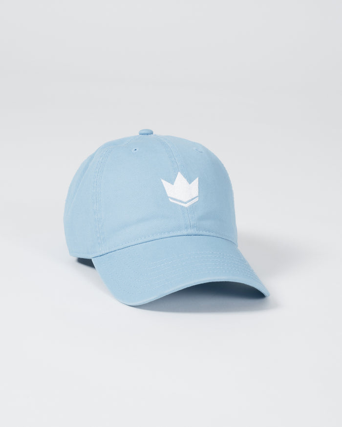 Kingz Kore Dad Hat Baby Blue - Angled Front View White Embroidered Crown Logo Center Panel Curved Brim Adjustable Strap Casual Fit BJJ Training Hat [color:Baby Blue]