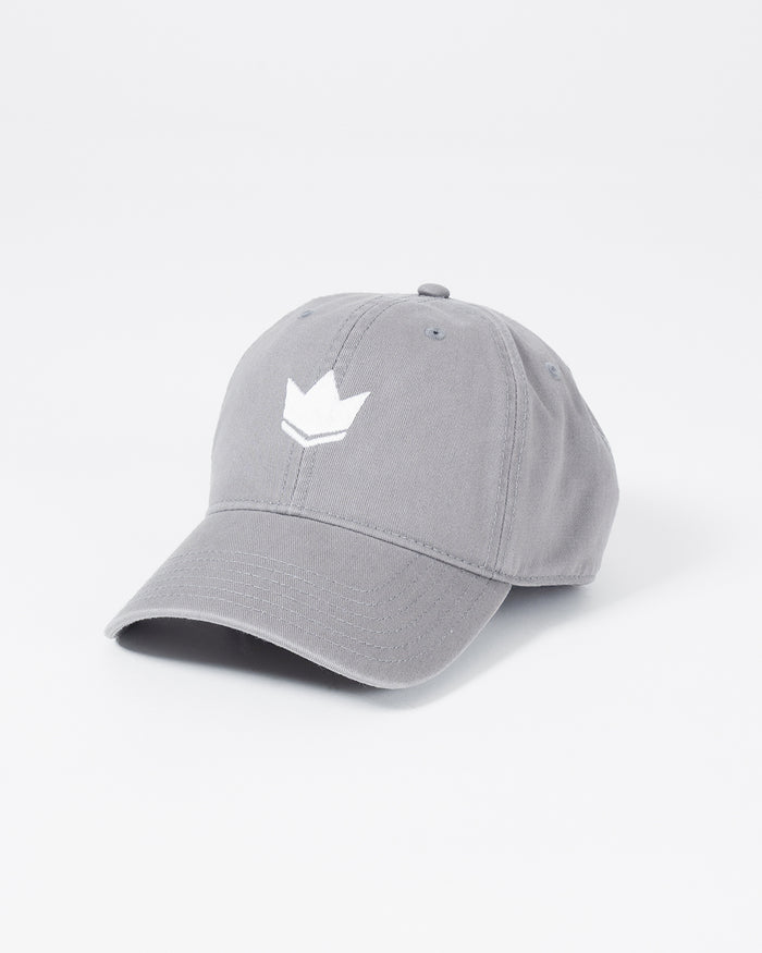 Kingz Kore Dad Hat Grey - Angled View Embroidered White Crown Logo Front Panel Curved Brim Classic Stitching Adjustable Strap Casual Fit BJJ Training Apparel [color:Grey]