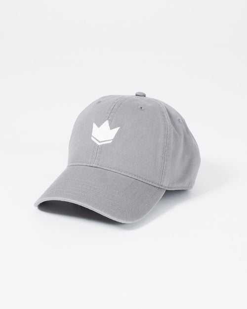Kingz Kore Dad Hat Grey - Angled View Embroidered White Crown Logo Front Panel Curved Brim Classic Stitching Adjustable Strap Casual Fit BJJ Training Apparel [color:Grey]