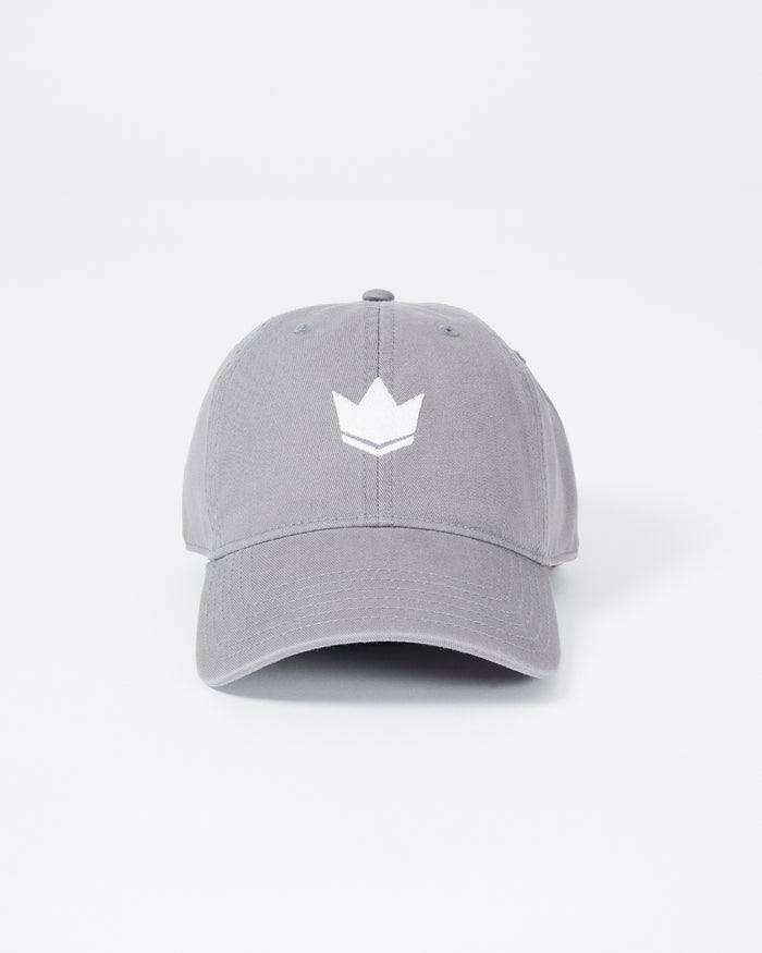Kingz Kore Dad Hat - Grey - Front View White Crown Logo Centered Soft Cotton Curved Brim Adjustable Strap Casual Fit BJJ Training Apparel [color:Grey]