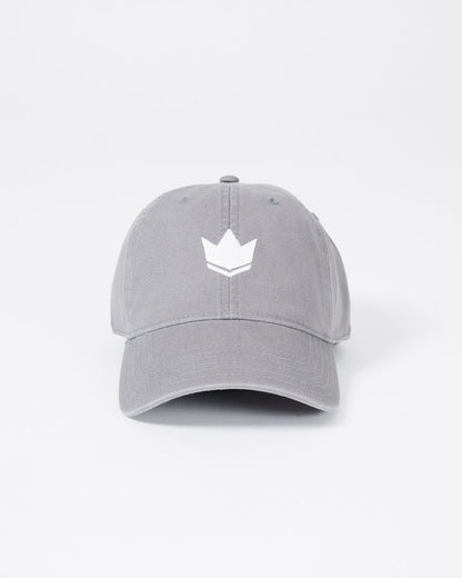 Kingz Kore Dad Hat - Grey - Front View White Crown Logo Centered Soft Cotton Curved Brim Adjustable Strap Casual Fit BJJ Training Apparel [color:Grey]