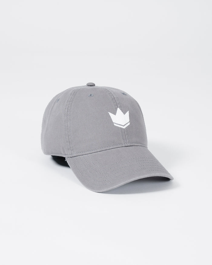 Kingz Kore Dad Hat Grey - Angled Front View White Crown Logo Embroidered Front Panel Curved Brim Adjustable Strapback Classic Casual Design BJJ Training Apparel [color:Grey]