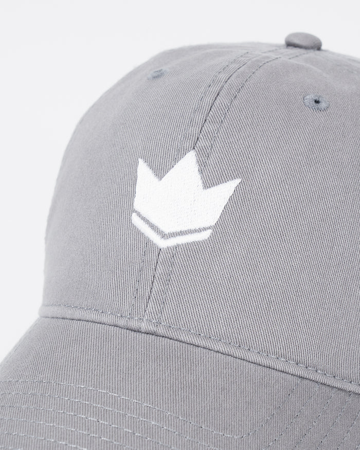 Kingz Kore Dad Hat Grey - Close-Up Detail View White Crown Logo Front Panel Stitching Curved Brim Soft Fabric Casual Fit BJJ Training Hat [color:Grey]