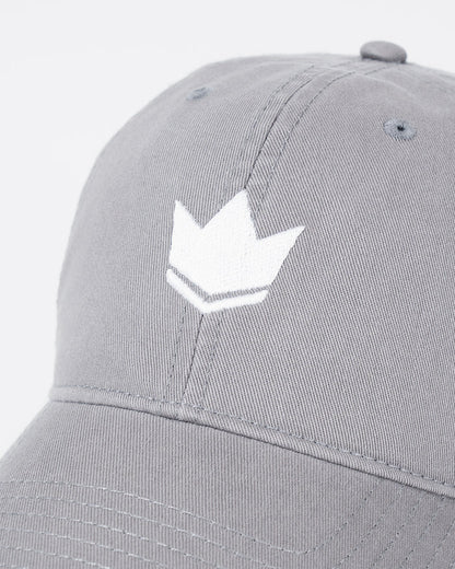 Kingz Kore Dad Hat Grey - Close-Up Detail View White Crown Logo Front Panel Stitching Curved Brim Soft Fabric Casual Fit BJJ Training Hat [color:Grey]