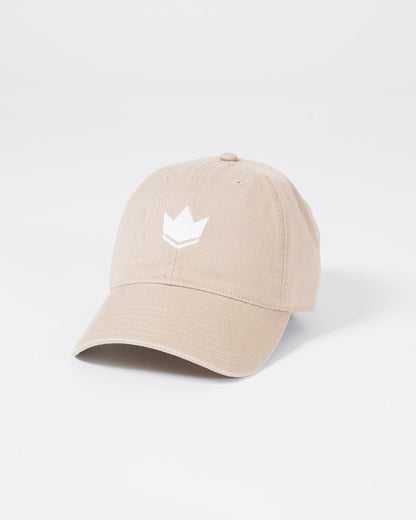 Kingz Kore Dad Hat - Khaki - Front Angled View Beige Hat White Crown Logo Embroidered Front Curved Brim Adjustable Strap Casual Style BJJ Training Apparel [color:Beige]