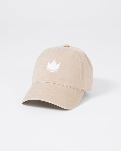 Kingz Kore Dad Hat - Khaki - Front Angled View Beige Hat White Crown Logo Embroidered Front Curved Brim Adjustable Strap Casual Style BJJ Training Apparel [color:Beige]