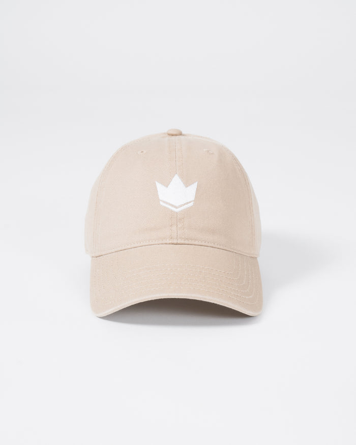 Kingz Kore Dad Hat - Khaki - Front View Beige Hat White Embroidered Crown Logo Centered Curved Brim Casual Fit Adjustable Strap Back BJJ Training Apparel [color:Beige]
