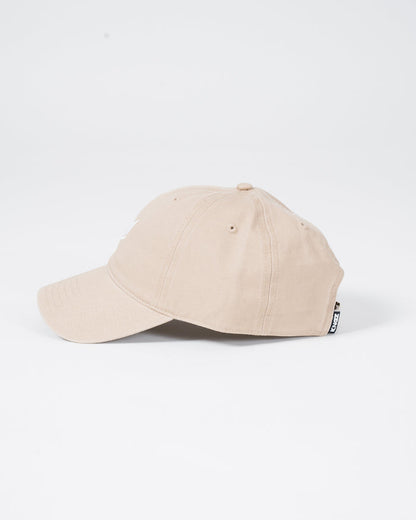 Kingz Kore Dad Hat - Khaki - Side View Beige Cotton Hat Embroidered Eyelets Curved Brim Small KINGZ Tag Back Casual Style BJJ Training Apparel [color:Beige]