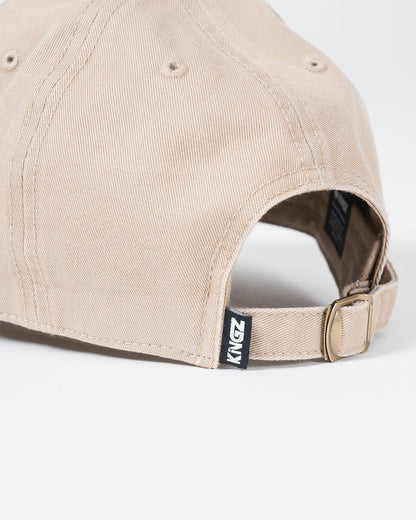 Kingz Kore Dad Hat Khaki - Close-Up Back View Adjustable Strap Beige Fabric KINGZ Tag Brass Buckle Casual Design BJJ Training Apparel [color:Beige]