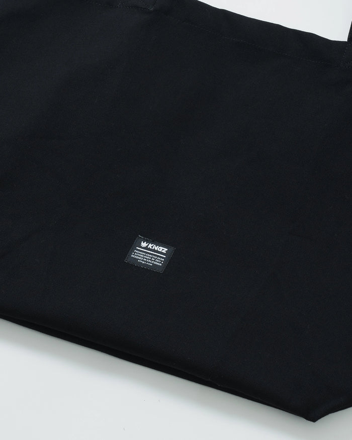 Kingz Kore Eco Bag - Flat Lay Back View - KINGZ Premium Patch Label - Black Canvas BJJ Tote Bag