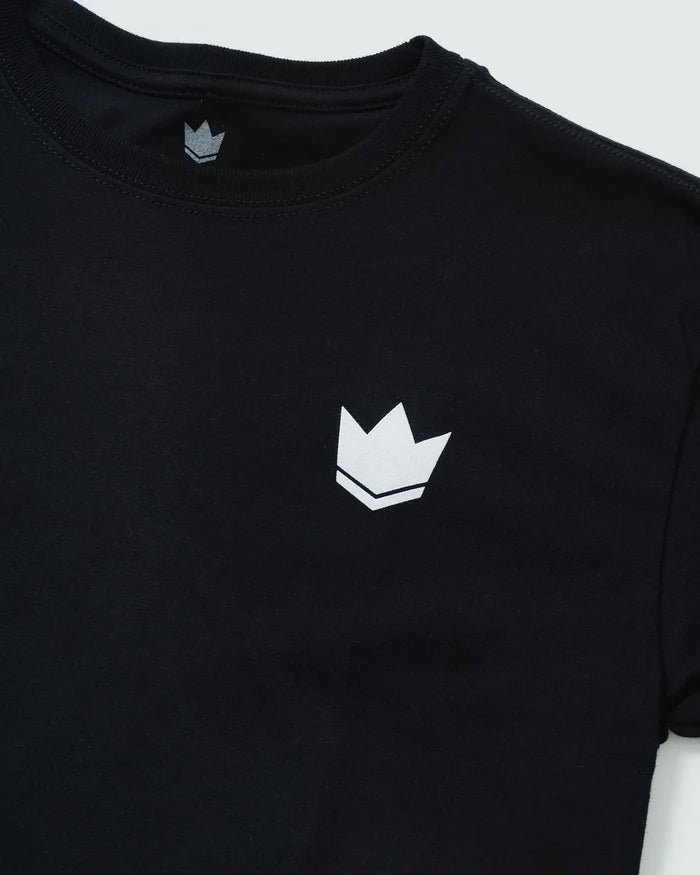Kingz Kore V2 Youth Tee - Detail Shot - White Crown Logo Close-up - Black Youth BJJ Casual Tee [color:Black]