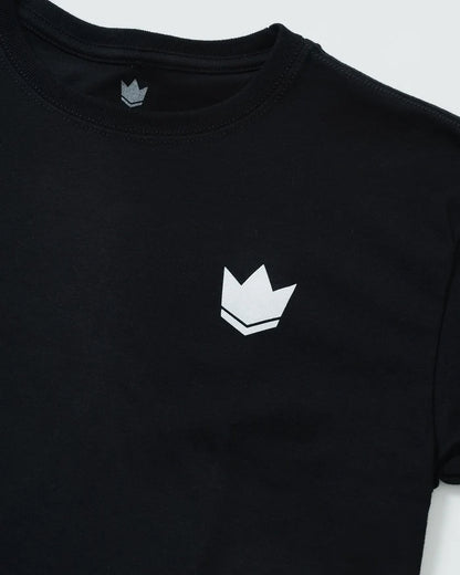 Kingz Kore V2 Youth Tee - Detail Shot - White Crown Logo Close-up - Black Youth BJJ Casual Tee [color:Black]