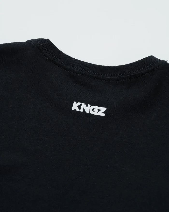 Kingz Kore V2 Youth Tee - Detail Shot - Kingz Back Logo Print Close-up - Black Youth BJJ Casual Wear [color:Black]