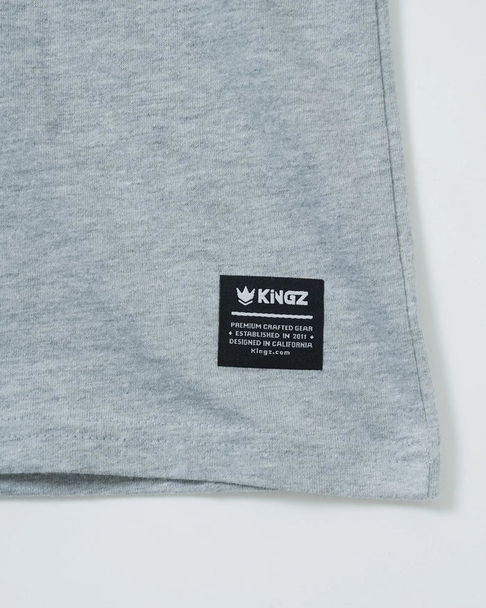 Kingz Kore V2 Youth Tee - Tag View - Kingz Woven Hem Label Close-up - Light Gray Youth BJJ Casual Tee [color:Light Gray]