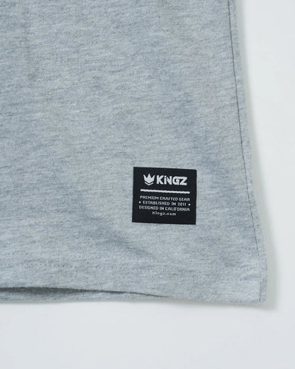 Kingz Kore V2 Youth Tee - Tag View - Kingz Woven Hem Label Close-up - Light Gray Youth BJJ Casual Tee [color:Light Gray]