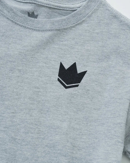 Kingz Kore V2 Youth Tee - Detail Shot - Black Crown Logo Close-up - Light Gray Youth BJJ Casual Wear [color:Black]