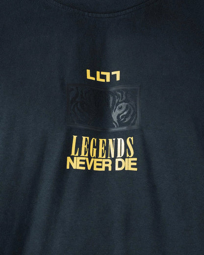 Kingz Leandro Lo Legends Never Die Tiger Tee - Chest Graphic Close-Up - LLT7 Tiger Box and Legends Never Die Text - BJJ [color:Black]