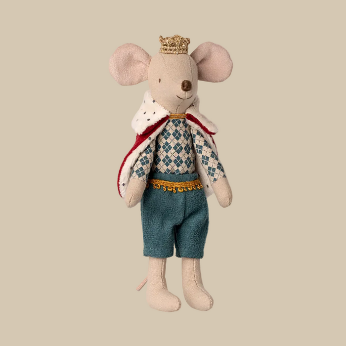 Stuffed toy mouse dressed as a prince with a crown, coat, and pants on a white background
