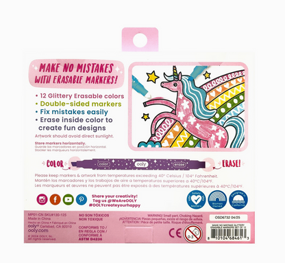 Back of packaging for OOLY erasable markers with unicorn illustration