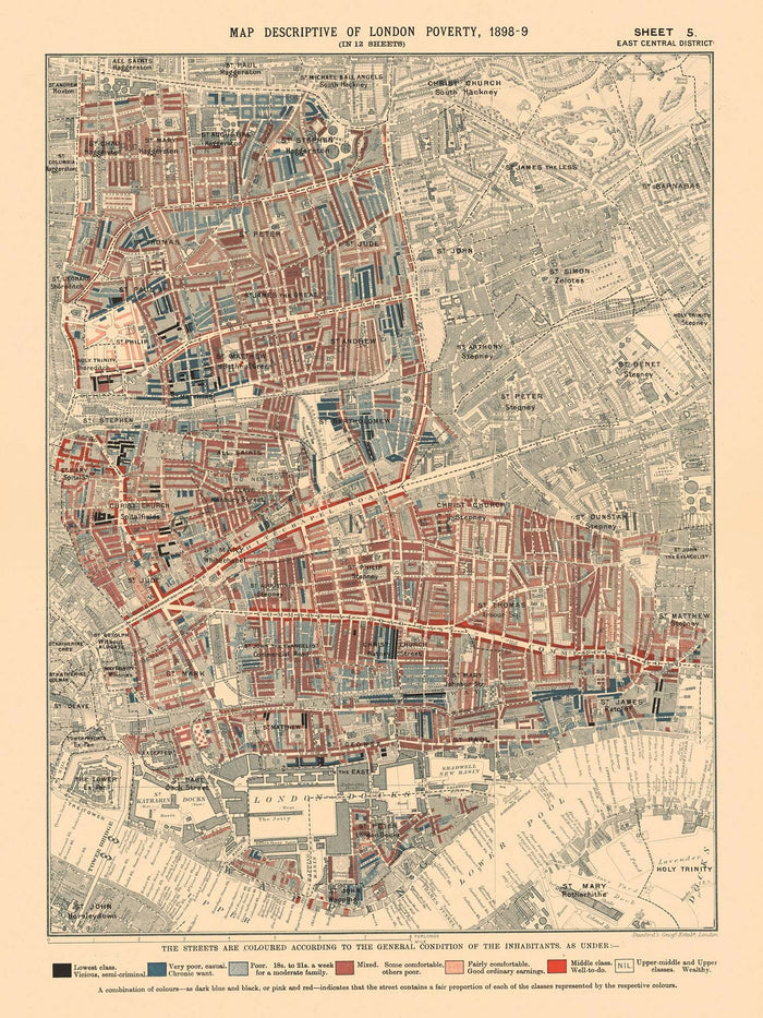 Map of London Poverty 1898-9, East Central District, by Charles Booth - Hackney, Shoreditch, Tower Hamlets - E2, E1, E1W, EC2, EC3