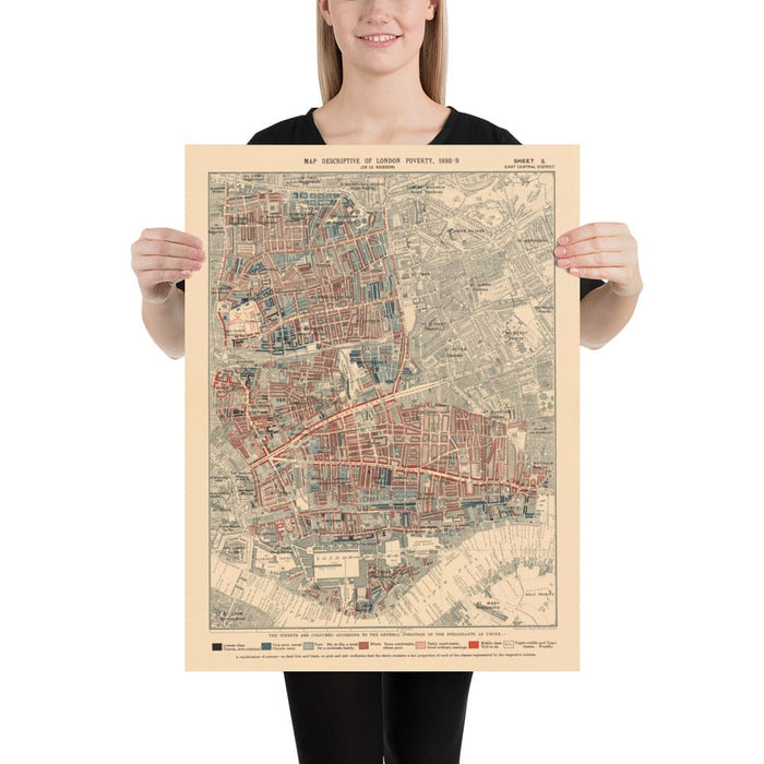 Map of London Poverty 1898-9, East Central District, by Charles Booth - Hackney, Shoreditch, Tower Hamlets - E2, E1, E1W, EC2, EC3