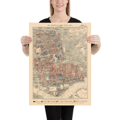 Map of London Poverty 1898-9, East Central District, by Charles Booth - Hackney, Shoreditch, Tower Hamlets - E2, E1, E1W, EC2, EC3