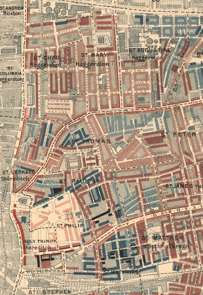 Map of London Poverty 1898-9, East Central District, by Charles Booth - Hackney, Shoreditch, Tower Hamlets - E2, E1, E1W, EC2, EC3