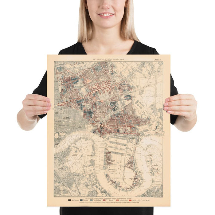Map of London Poverty 1898-9, Eastern District, by Charles Booth - Isle of Dogs, Surrey Quays, West India, Canary Wharf - E3, E14, SE16, SE8, SE10