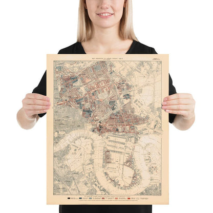 Map of London Poverty 1898-9, Eastern District, by Charles Booth - Isle of Dogs, Surrey Quays, West India, Canary Wharf - E3, E14, SE16, SE8, SE10