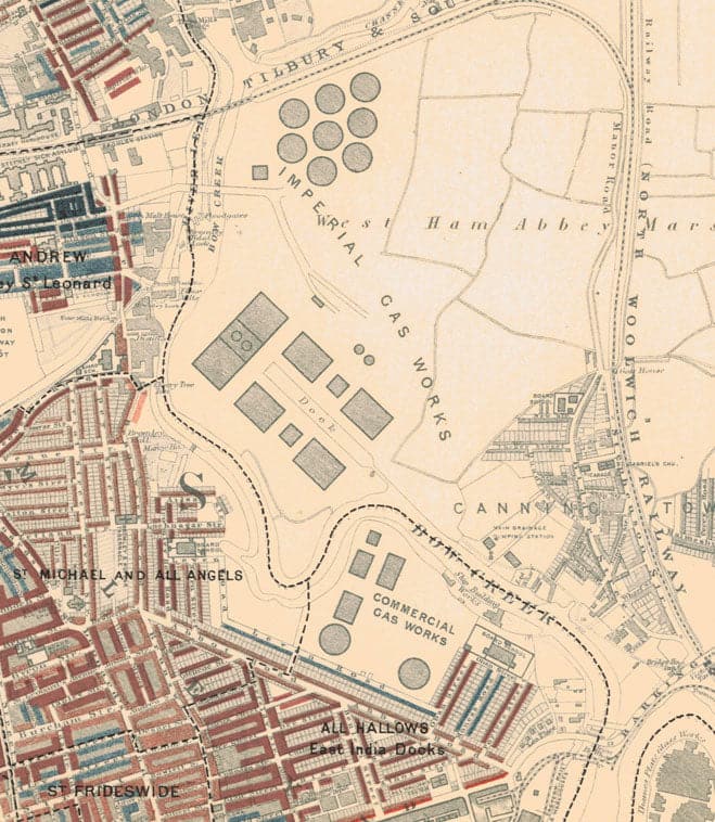 Map of London Poverty 1898-9, Eastern District, by Charles Booth - Isle of Dogs, Surrey Quays, West India, Canary Wharf - E3, E14, SE16, SE8, SE10