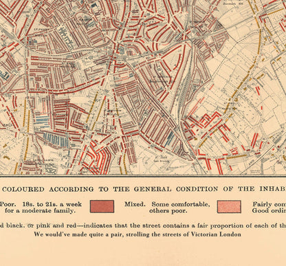 Map of London Poverty 1898-9, Eastern District, by Charles Booth - Isle of Dogs, Surrey Quays, West India, Canary Wharf - E3, E14, SE16, SE8, SE10
