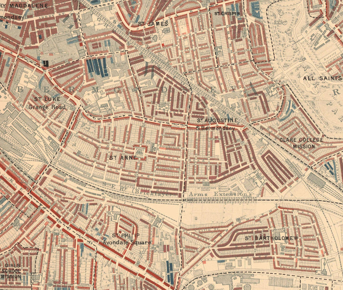 Map of London Poverty 1898-9, Inner Southern, by Charles Booth - Southwark, Waterloo, London Bridge, Camberwell, Peckham, Bermondsey - SE1, SE11, SE17, SE16, SE15