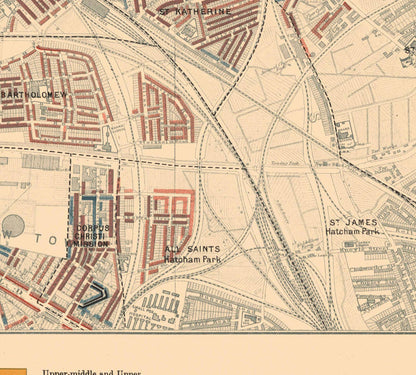 Map of London Poverty 1898-9, Inner Southern, by Charles Booth - Southwark, Waterloo, London Bridge, Camberwell, Peckham, Bermondsey - SE1, SE11, SE17, SE16, SE15