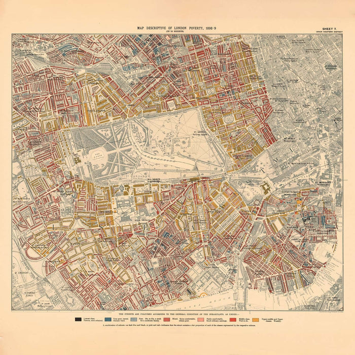 Map of London Poverty 1898-9, Inner Western District, by Charles Booth - Westminster, Hyde Park, Kensington, Mayfair - W1, W2, W11, W8, SW7, SW3, SW1