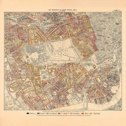 Map of London Poverty 1898-9, Inner Western District, by Charles Booth - Westminster, Hyde Park, Kensington, Mayfair - W1, W2, W11, W8, SW7, SW3, SW1