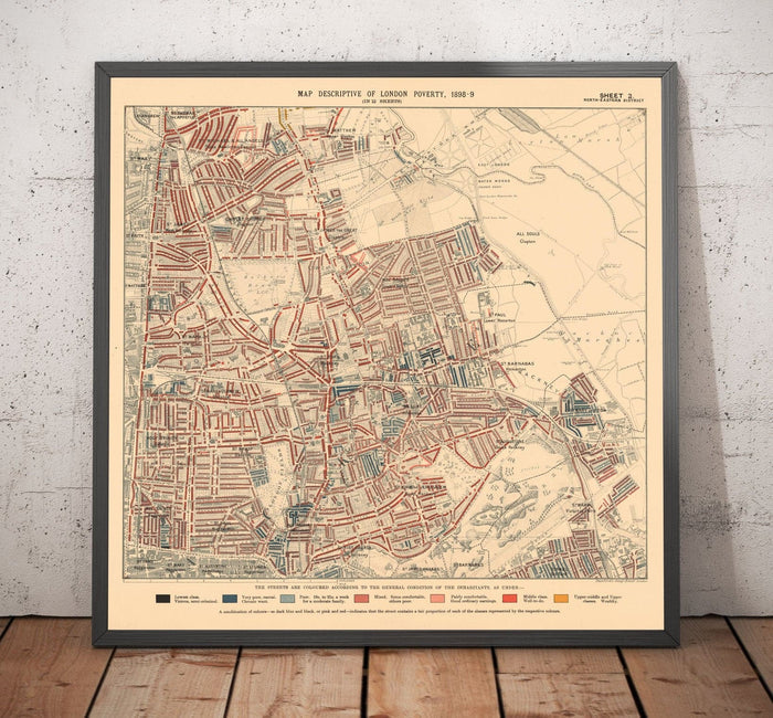 Map of London Poverty 1898-9, North Eastern District, by Charles Booth - Hackney, London Fields, Clapton, Marshes - E5, E8, E9, E3, N16