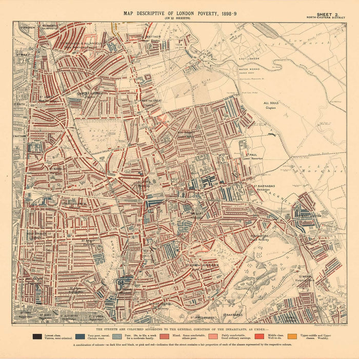 Map of London Poverty 1898-9, North Eastern District, by Charles Booth - Hackney, London Fields, Clapton, Marshes - E5, E8, E9, E3, N16
