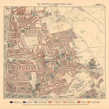 Map of London Poverty 1898-9, North Eastern District, by Charles Booth - Hackney, London Fields, Clapton, Marshes - E5, E8, E9, E3, N16