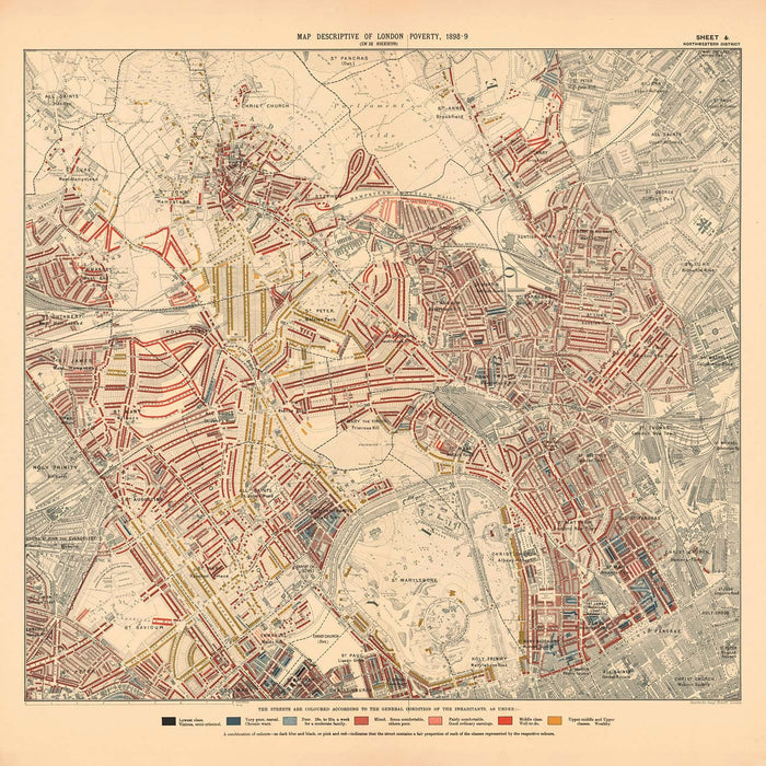 Map of London Poverty 1898-9, North Western District, by Charles Booth - Camden, Hampstead, Westminster, Regents Park - NW1, NW5, NW3, NW8, NW6, W9