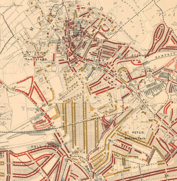 Map of London Poverty 1898-9, North Western District, by Charles Booth - Camden, Hampstead, Westminster, Regents Park - NW1, NW5, NW3, NW8, NW6, W9