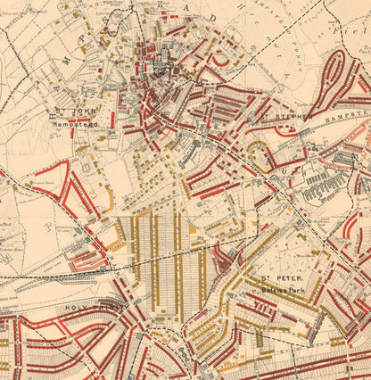 Map of London Poverty 1898-9, North Western District, by Charles Booth - Camden, Hampstead, Westminster, Regents Park - NW1, NW5, NW3, NW8, NW6, W9