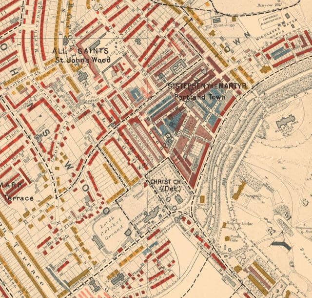 Map of London Poverty 1898-9, North Western District, by Charles Booth - Camden, Hampstead, Westminster, Regents Park - NW1, NW5, NW3, NW8, NW6, W9