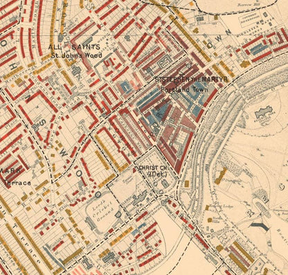 Map of London Poverty 1898-9, North Western District, by Charles Booth - Camden, Hampstead, Westminster, Regents Park - NW1, NW5, NW3, NW8, NW6, W9