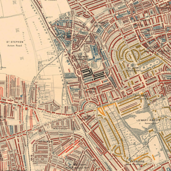 Map of London Poverty 1898-9, Outer Western District, by Charles Booth - Notting Hill, Shepherds Bush, Hammersmith, Chelsea - W6, W12, W14, W11, W10, NW10