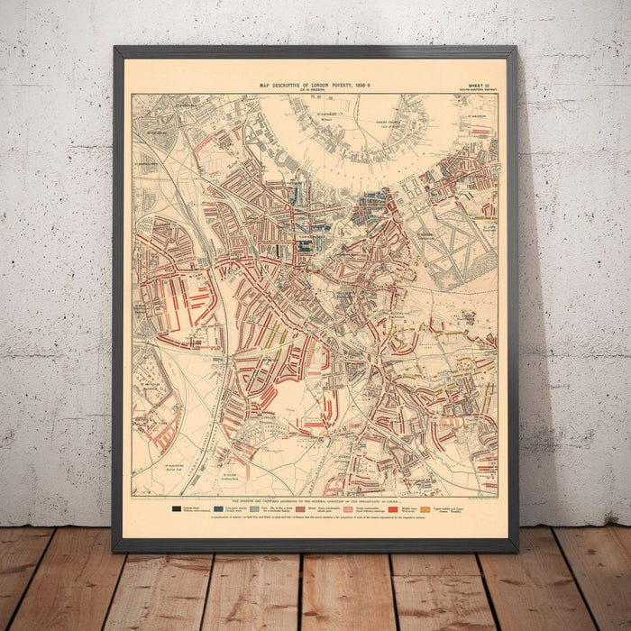 Map of London Poverty 1898-9, South Eastern District, by Charles Booth - New Cross, Blackheath, Nunhead, Deptford - SE8, SE10, SE14, SE4, SE13