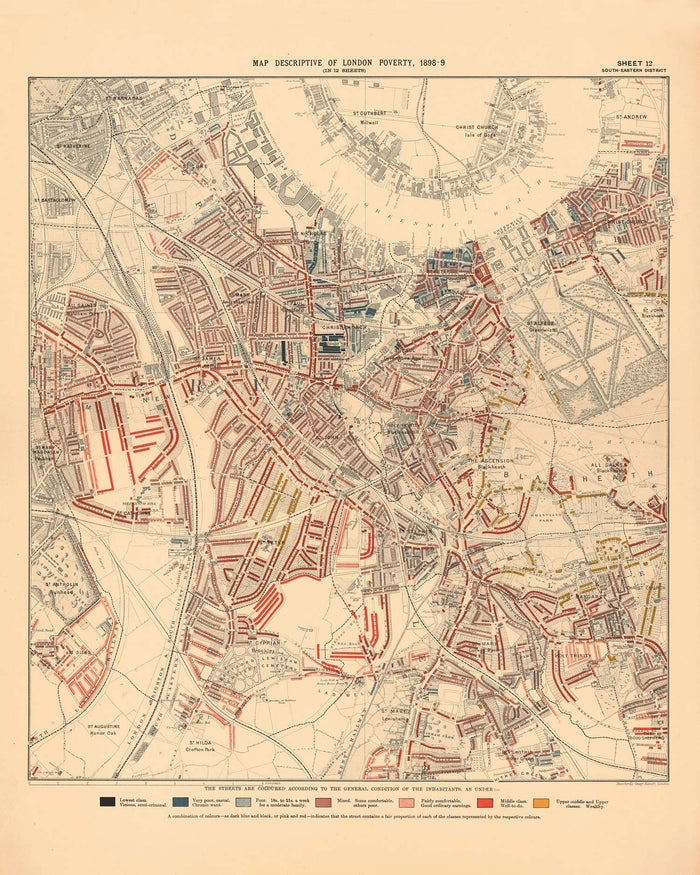 Map of London Poverty 1898-9, South Eastern District, by Charles Booth - New Cross, Blackheath, Nunhead, Deptford - SE8, SE10, SE14, SE4, SE13