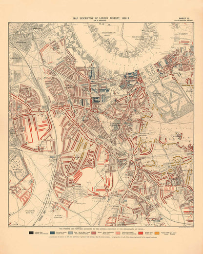 Map of London Poverty 1898-9, South Eastern District, by Charles Booth - New Cross, Blackheath, Nunhead, Deptford - SE8, SE10, SE14, SE4, SE13
