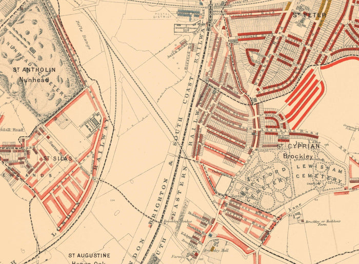 Map of London Poverty 1898-9, South Eastern District, by Charles Booth - New Cross, Blackheath, Nunhead, Deptford - SE8, SE10, SE14, SE4, SE13