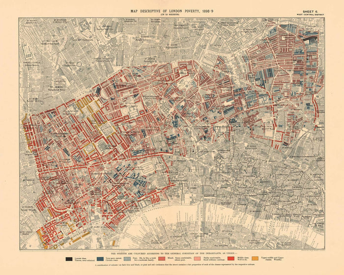 Map of London Poverty 1898-9, West Central District, by Charles Booth - Westminster, Camden, City of London, Islington - W1, WC1, WC2, EC1, N1